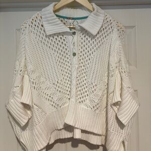 Free People White To the Point Open Stitch Polo Sweater Sz S/P